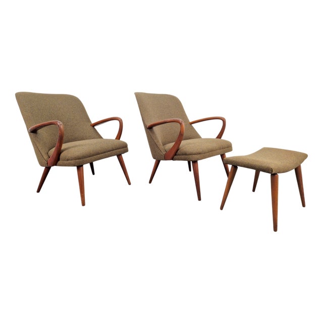 Mid-Century Armchairs and Ottoman in Teak, 1960s, Set of 3 For Sale