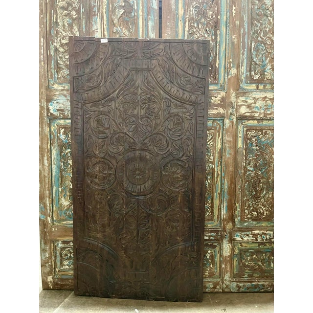 Bohemian Lotus Carved Wall Panel Headboard in Dark Wood | Handcrafted Floral Relief Decor 60x30 For Sale - Image 4 of 5