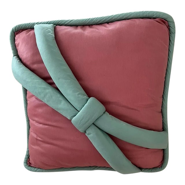 1980s Custom Made Large Pink Teal Ribbon Pillow For Sale
