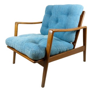 Blue Fabric & Teakwood Armchair by Arne Wahl Iversen for Komfort, 1960s For Sale
