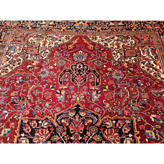 Textile Vintage Persian Heriz Serapi Rug, Hand-Knotted Wool, Geometric Medallion Pattern, Red & Navy, 10x13 For Sale - Image 7 of 14