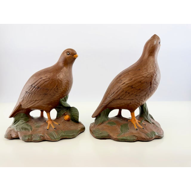 Vintage Mid Century Hand-Painted Quail Figurines on Leafy Bases – A Pair For Sale - Image 4 of 10