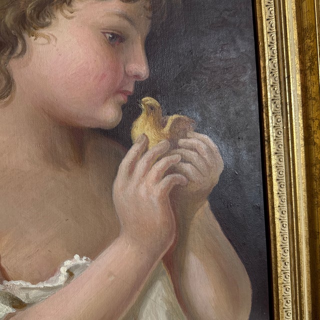 Black Vintage Oil Painting Child With Chick Classical Portrait Gilt Frame For Sale - Image 8 of 12