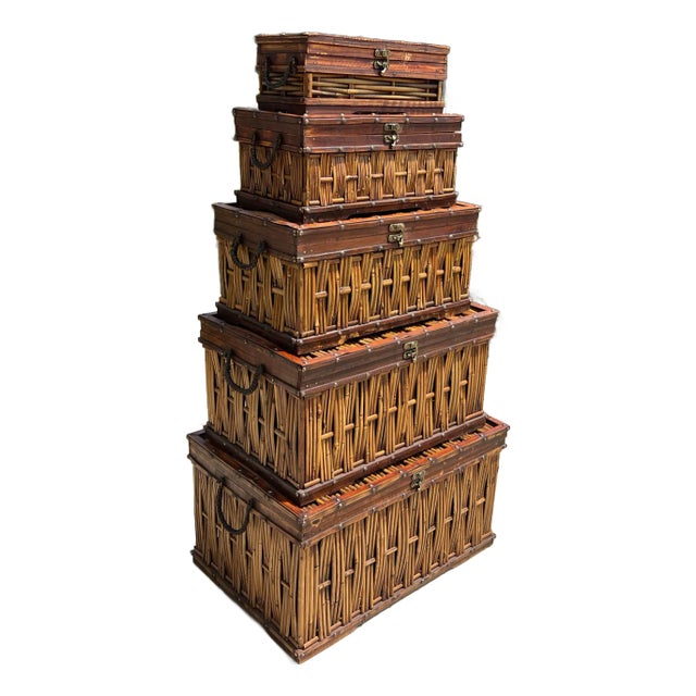 Vintage Split Reed Bamboo Nesting Boxes, Palm Beach Boho Style - 5 Pieces For Sale