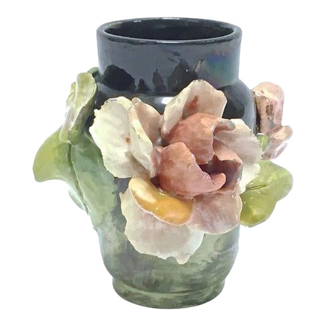 Antique Floral French Barbotine Majolica Vase For Sale