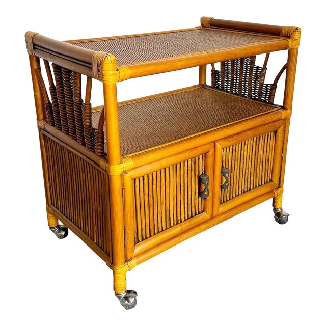 Boho Chic Bamboo Rattan and Wicker Bar Cart For Sale