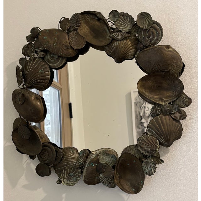 Vintage Coastal Palm Beach Style / Dresden Style Patinated Brass Seashell Mirror For Sale - Image 10 of 13