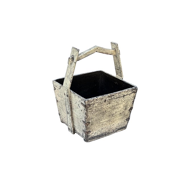 Rustic Vintage Rustic Off White Square With Handle Wood Bucket For Sale - Image 3 of 5
