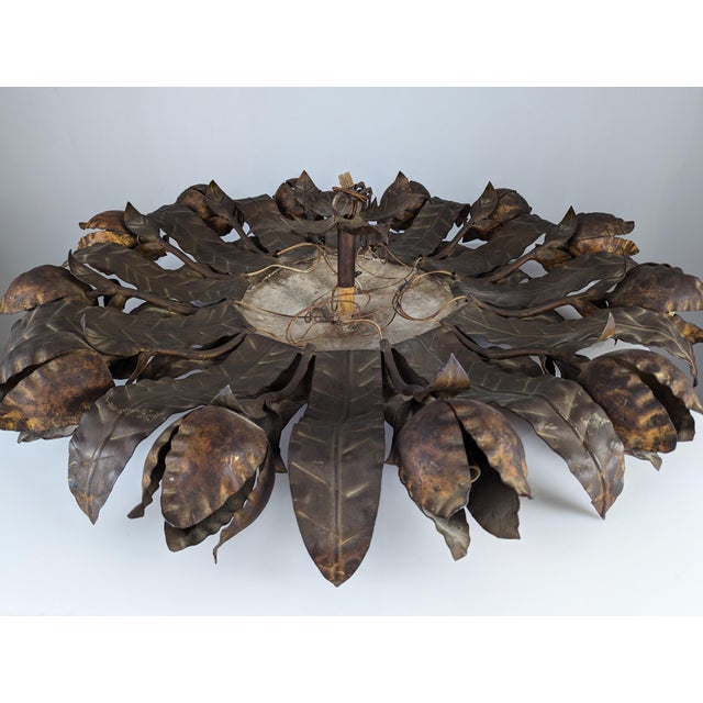 Large Mid-Century Gilt Metal Sunburst Ceiling Lamp with Floral Motif, 1950s For Sale - Image 13 of 14