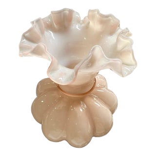Vintage Blush Pink Opaline Art Glass Ruffled Vase For Sale