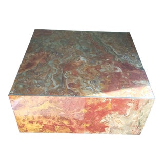 1970s Postmodern Amber Onyx Italian Marble Low Profile Square Coffee Table on Casters For Sale