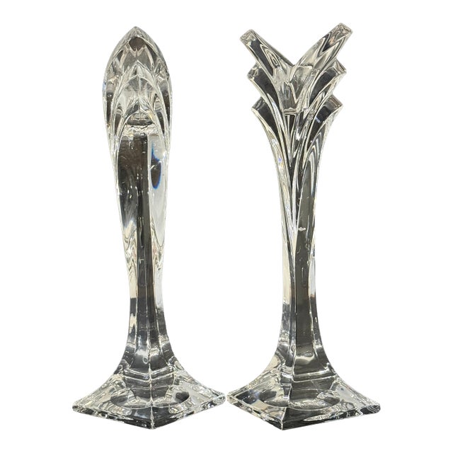 Pair of Vintage Mikasa Lead Crystal Candlestick Holders - 1980s Clear Hexagonal Taper Bases For Sale