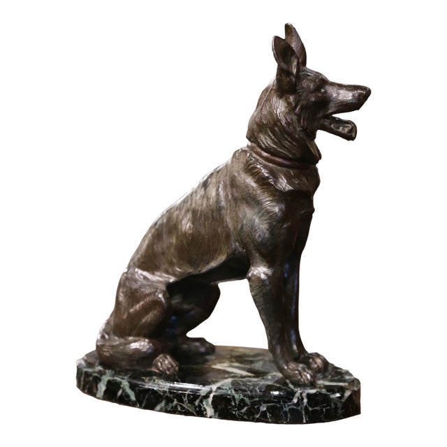Mid-Century French Spelter German Shepherd Sculpture on Marble Base For Sale