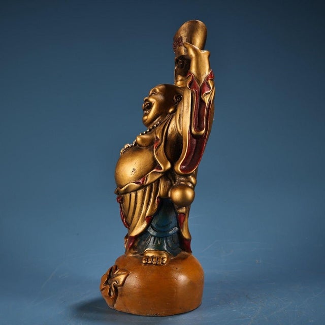 This joyful vintage statue depicts a standing Maitreya Buddha (often referred to as the Laughing Buddha), a beloved figure...