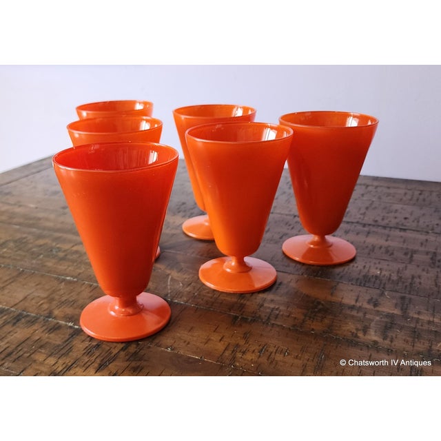 Set 6 Antique Anchor Hocking Fire King Rainbow Tangerine Footed Iced Tea Cups, 1940s For Sale In New York - Image 6 of 6