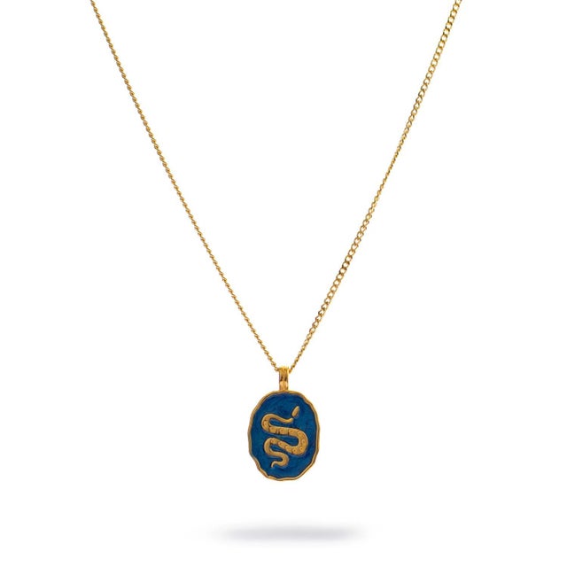 Contemporary Guardian Snake Blue Enamel Gold Necklace For Sale - Image 3 of 10