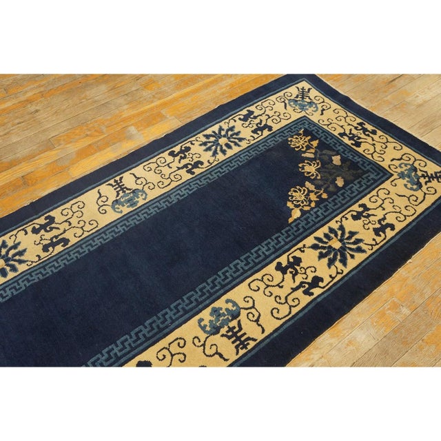 1920s Navy Blue Classic Greek Key Antique Peking Chinese Knotted Hallway Runner Rug For Sale - Image 5 of 10