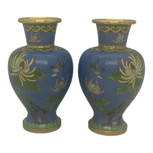 Vintage Mid 20th Century Blue Cloisonné Vases With Floral & Bird Design - a Pair