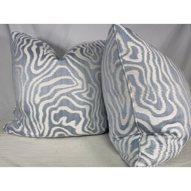 Custom pair of 22" pillows covered in Thibaut "Allessandro" in color spa blue. These pillows are self welted, have tapered...