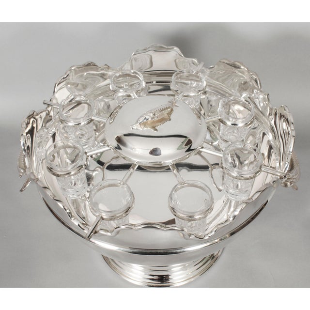 This is a gorgeous Vintage silver plated Monteith caviar set with a caviar dish and cover in the centre and eight vodka...