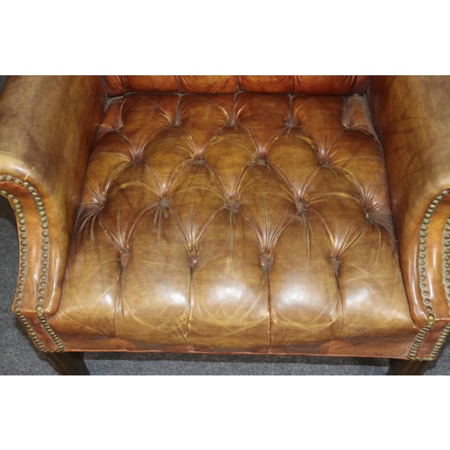 Pair Antique Georgian Leather Chesterfield Style Tufted Wingback Chairs For Sale In Philadelphia - Image 6 of 8