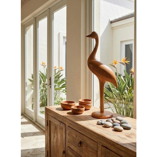 Mid-Century Modern Vintage Hand-Carved Teak Wood Crane Shorebird Sculpture – 37" For Sale - Image 10 of 12