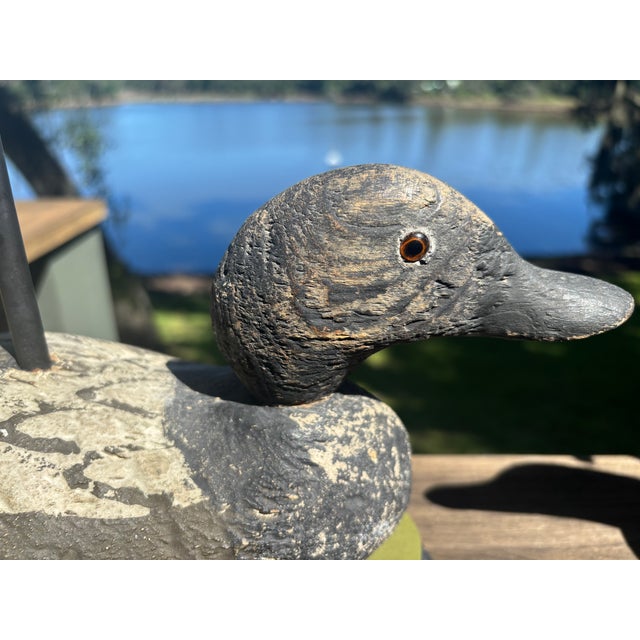 Black Early 20th Century Hand-Carved Duck Decoy Lamps With Custom Ticking Stripe Shades – Pair For Sale - Image 8 of 17
