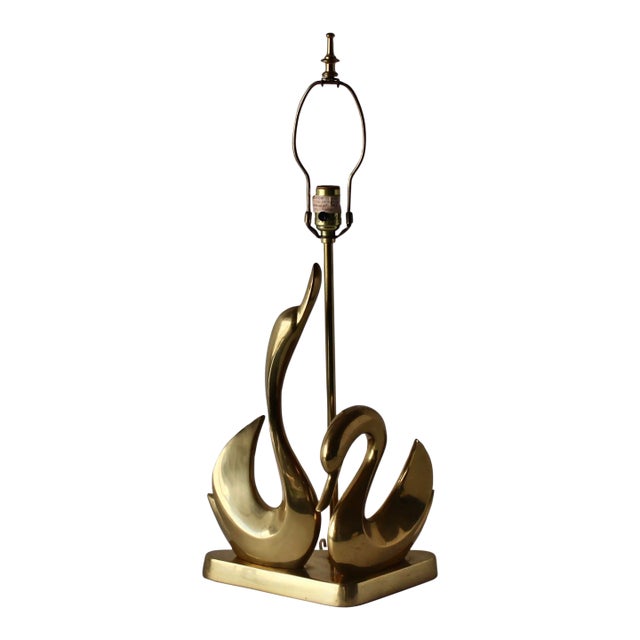 Late 20th Century Italian Style Brass Stylized Swans Desk Table Lamp Triangular Base Detail Mid-Century Modern For Sale
