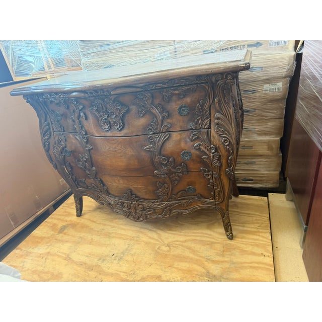 Antique Carved Bombe Chest – Ornate Rococo‑Style Dresser With Curved Front & Floral Relief For Sale - Image 4 of 12