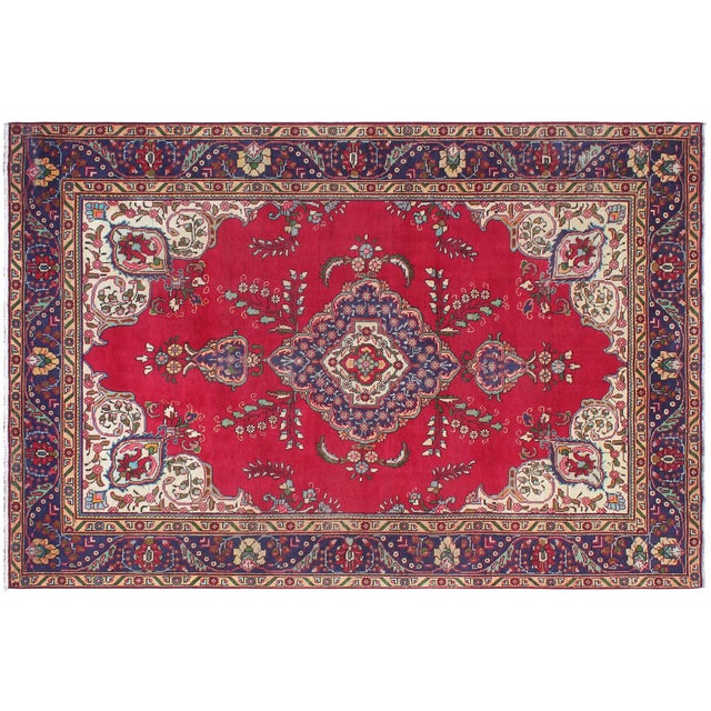 Red Vintage Shabby Chic Tabriz Red/Blue Wool Rug - 6'9'' X 9'5'' For Sale - Image 8 of 9