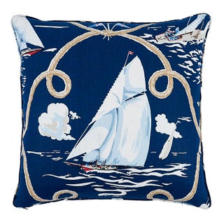 Schumacher Summer Regatta Linen 24" Pillow in Navy For Sale