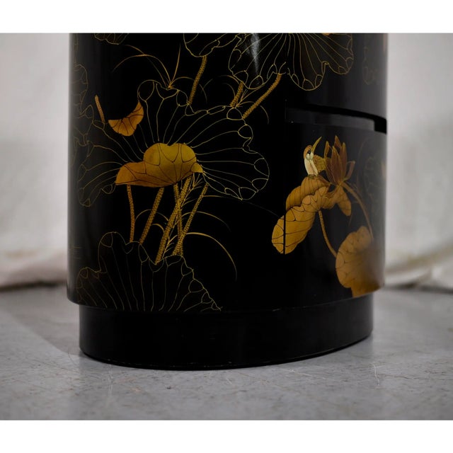 Wood 1970s Vintage Chinoiserie Oval 2 Drawer Chest With Birds & Lotus For Sale - Image 7 of 9