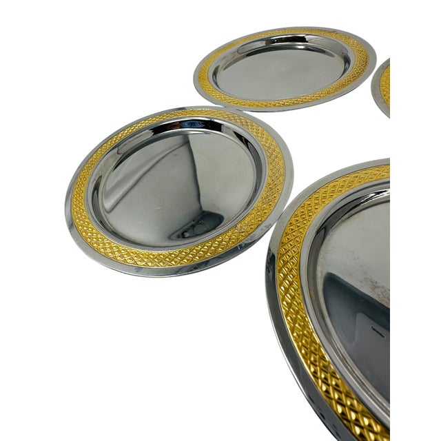 1960s Rarest Paul Wirths Toledo Gold Coasters Set 6, 24k Gold Relief Mirror Stainless Steel, Museum Quality Solingen Germany MCM Barware Survivor For Sale - Image 5 of 12