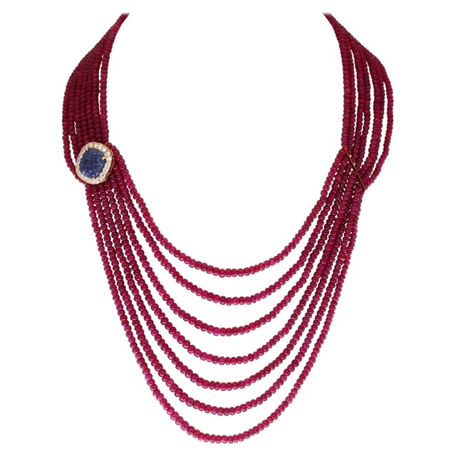 480 Ct 7 Layer Natural Smooth Ruby Bead Necklace 14k Gold Sapphire Diamond Clasp For Sale - Image 15 of 18