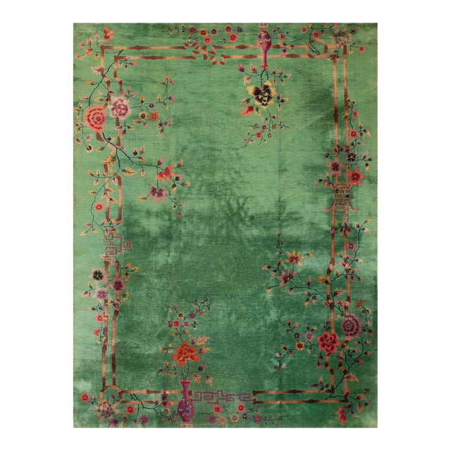 Outstanding Jade-Green Background Color With Details of Purple Flowers Vases in a Floral Design Chinese Art Deco Rug For Sale