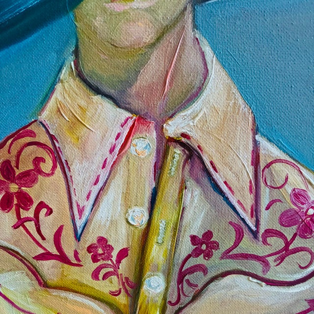 2020s Cowboy Original Oil Painting, Signed, Modern Western Portrait, Blue Hat, Unframed Tatiana Duperault For Sale - Image 5 of 5