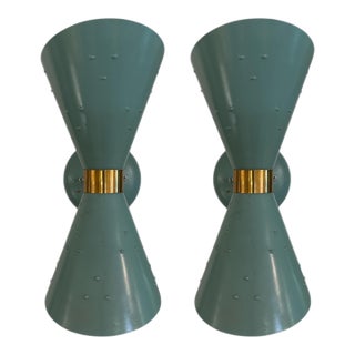 Pair of 1950s Tiffany Blue Brass Double Cone Sconces For Sale