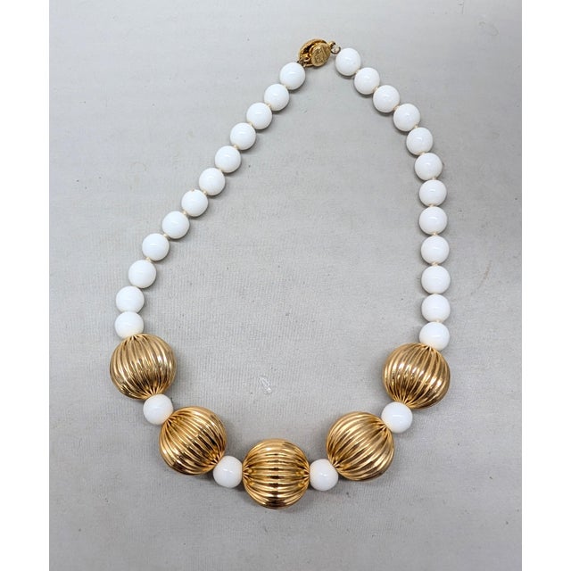 Metal Vintage 1980s Signed Les Bernard Goldtone White Beaded Necklace For Sale - Image 7 of 7