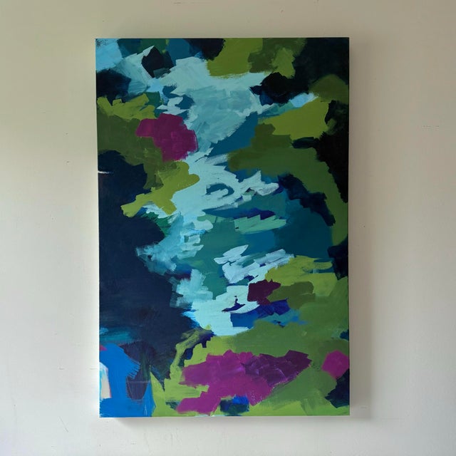 Abstract Abstract Blue Green Purple Acrylic Painting on Canvas For Sale - Image 3 of 8
