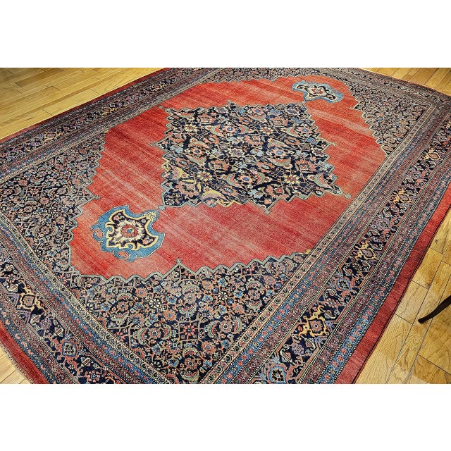 19th Century 19th Century Oversized Persian Bidjar Rug, Hand-Knotted Wool, Geometric Pattern, Red & Navy, 11x15 For Sale - Image 5 of 18
