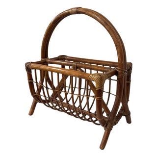 Vintage Bent Bamboo and Rattan Magazine Media Rack For Sale