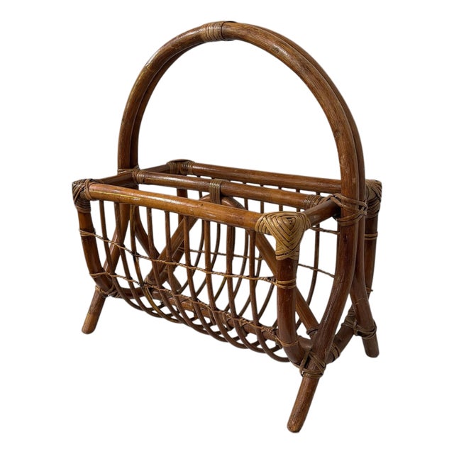 Vintage Bent Bamboo and Rattan Magazine Media Rack For Sale