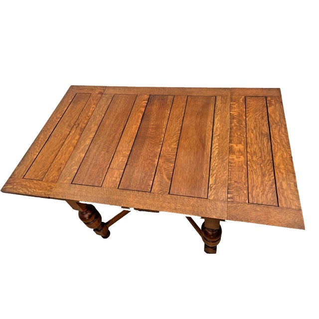 Early 20th Century English Tudor Expansion Table Turned Baluster Legs Quarter Sawn Oak, X-Stretcher For Sale - Image 4 of 14