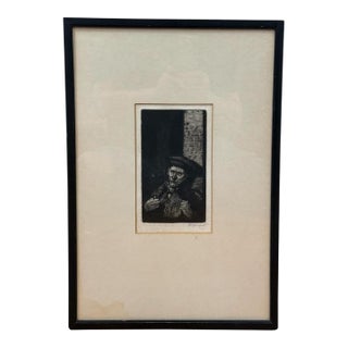 Antique 1914 Original Etching Character Study of a Man With Pipe by Gurnell Charles Jennis For Sale