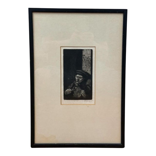 Antique 1914 Original Etching Character Study of a Man With Pipe by Gurnell Charles Jennis For Sale