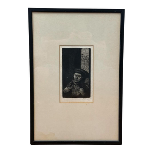 Antique 1914 Original Etching Character Study of a Man With Pipe by Gurnell Charles Jennis