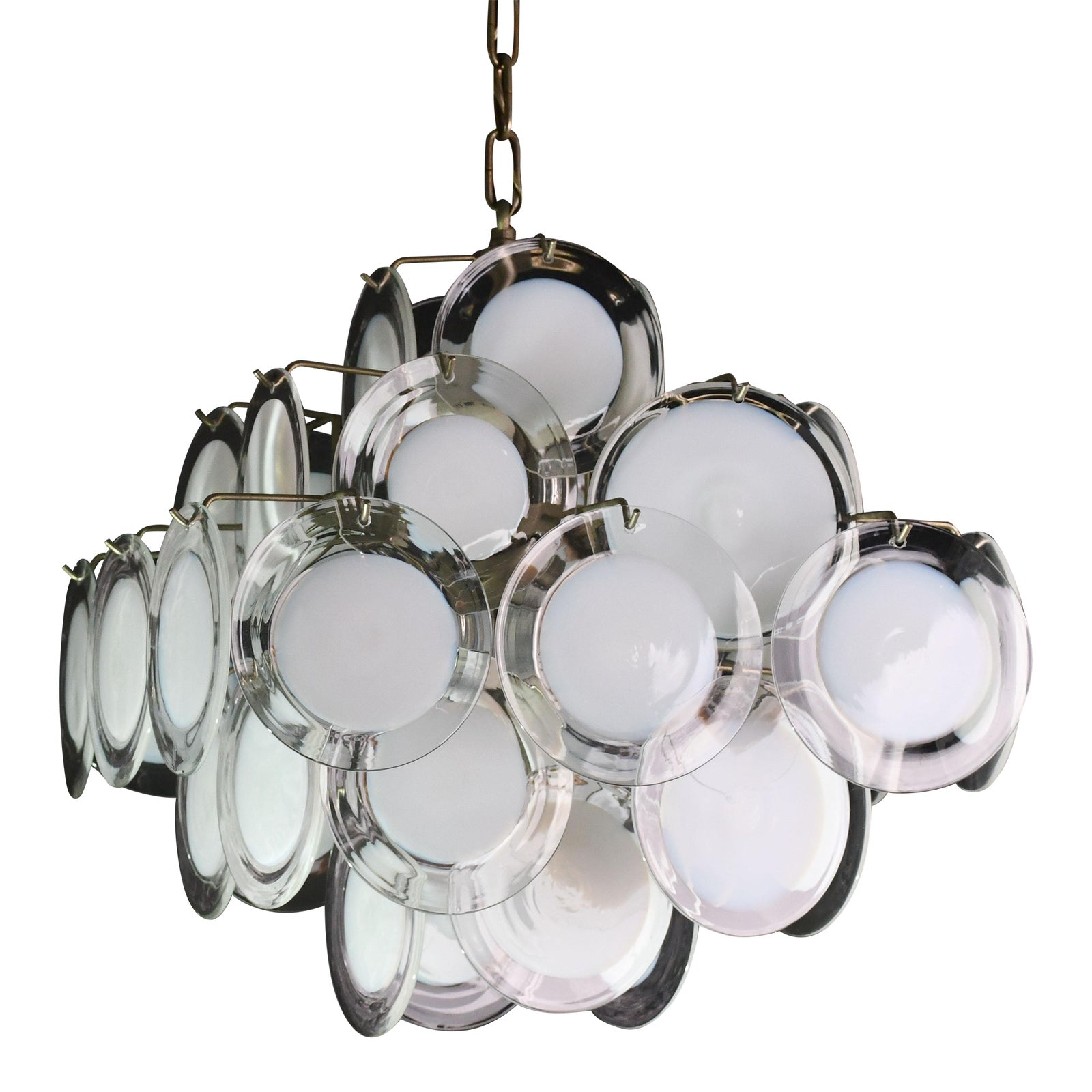 1970s Large 36 Murano Glass White Disch Chandelier by Vistosi | Chairish