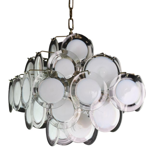 1970s Large 36 Murano Glass White Disch Chandelier by Vistosi For Sale