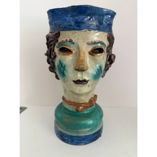 Cream Rare Pair of Cantagalli Florence Renaissance Revival Majolica Figural Head Vases, Italy, Late 19th Century For Sale - Image 8 of 12