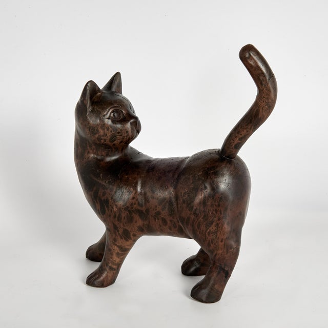 Impressive pair of cat sculptures or figures expertly hand carved from wood with surprisingly realistic form, attitude and...